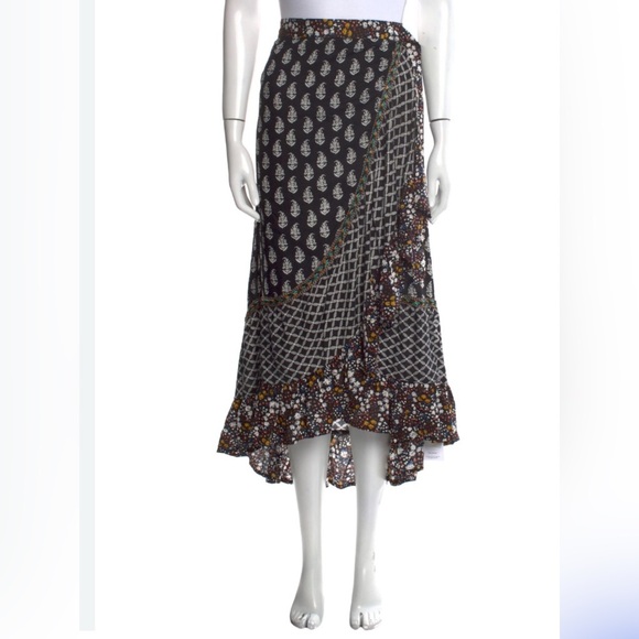 CHRISTIAN SIRIANO Boho chic ruffle midi Skirt sz S paisley foral mixed print EUC - Picture 2 of 9